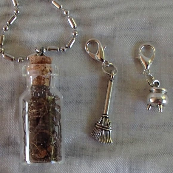 Blood Root Witch 3D Cauldron Broom Glass Bottle Necklace Zip Pulls Handcrafted - Picture 2 of 14
